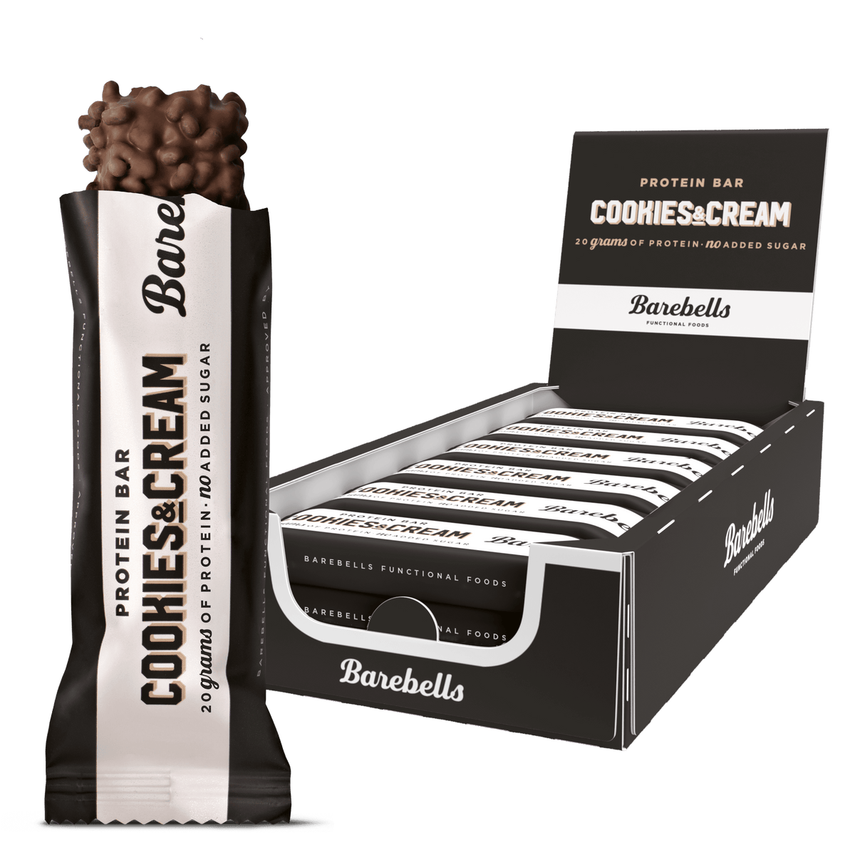 Barebells Protein Bar Cookies & Cream — barre et boîte de 12