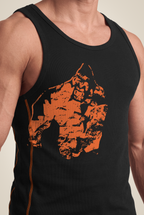Débardeur Gorilla Wear Monterey — détail du print gorille orange et du coton côtelé