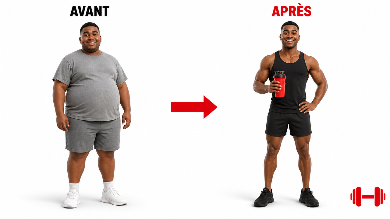 Image d'illustration avant / après — objectif sèche avec les brûleurs de graisse Shakeproteine (image générée, pas une vraie personne)