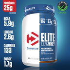 Elite 100% Whey Rich Chocolate : 25 g de protéines, 5,9 g de BCAA, 2,6 g de leucine, 133 kcal et 1,7 g de sucre par dose