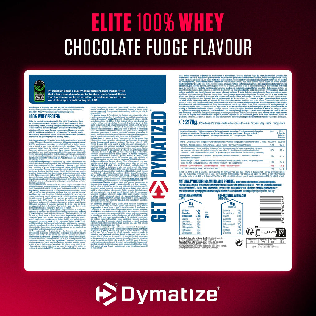 Étiquette complète Elite 100% Whey Chocolate Fudge 2,17 kg : ingrédients, valeurs et acides aminés