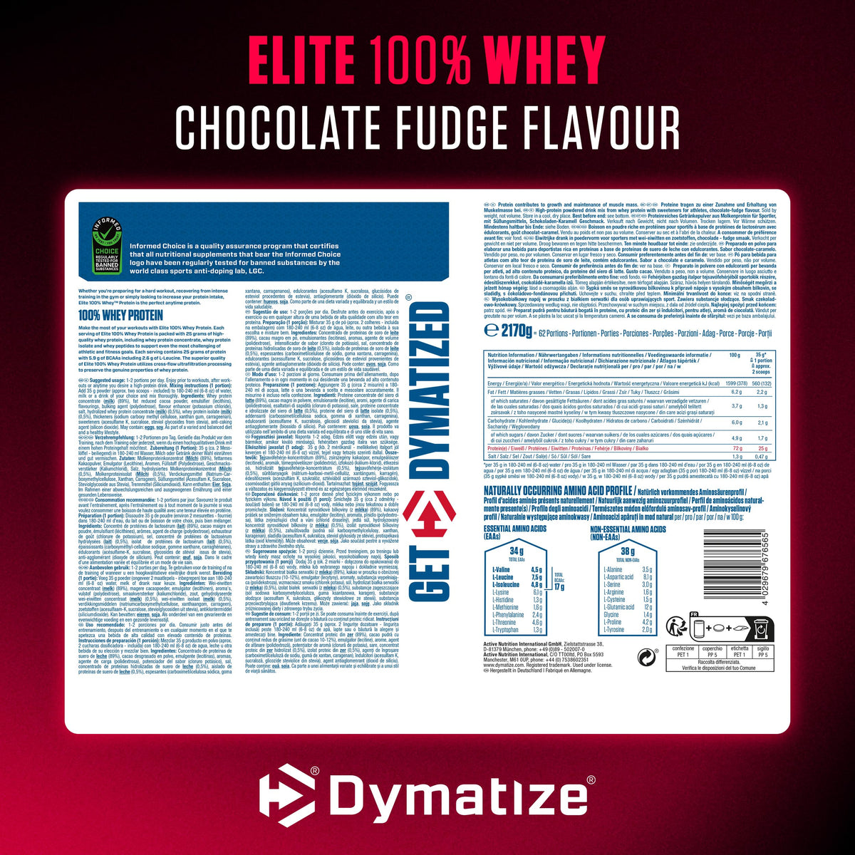 Étiquette complète Elite 100% Whey Chocolate Fudge 2,17 kg : ingrédients, valeurs et acides aminés