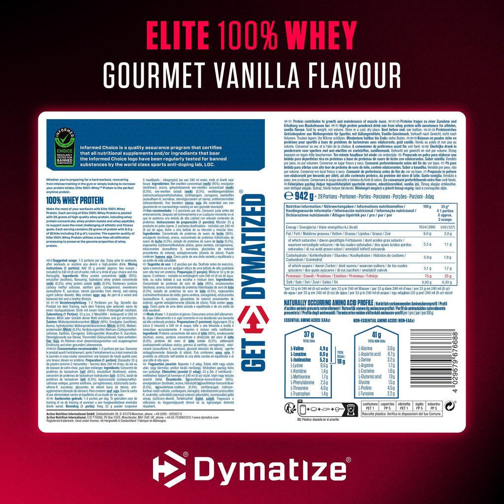 Étiquette complète Elite 100% Whey Gourmet Vanilla 942 g : ingrédients, valeurs et acides aminés