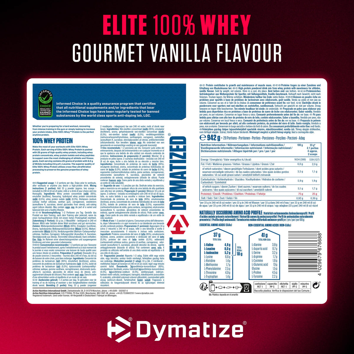 Étiquette complète Elite 100% Whey Gourmet Vanilla 942 g : ingrédients, valeurs et acides aminés