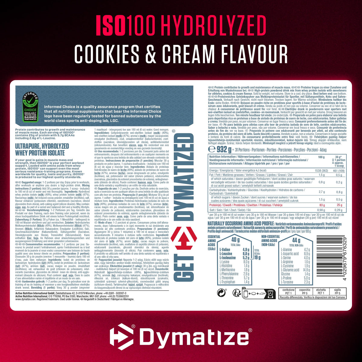 Étiquette complète ISO 100 Cookies & Cream 932 g : ingrédients, valeurs et acides aminés