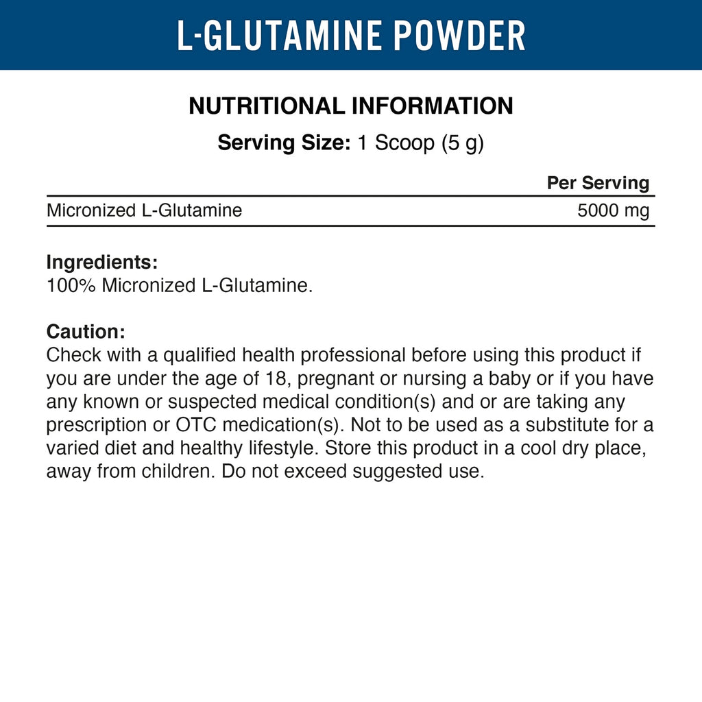 Valeurs nutritionnelles L-Glutamine Applied Nutrition 250 g : 5 000 mg de L-glutamine micronisée par mesure de 5 g