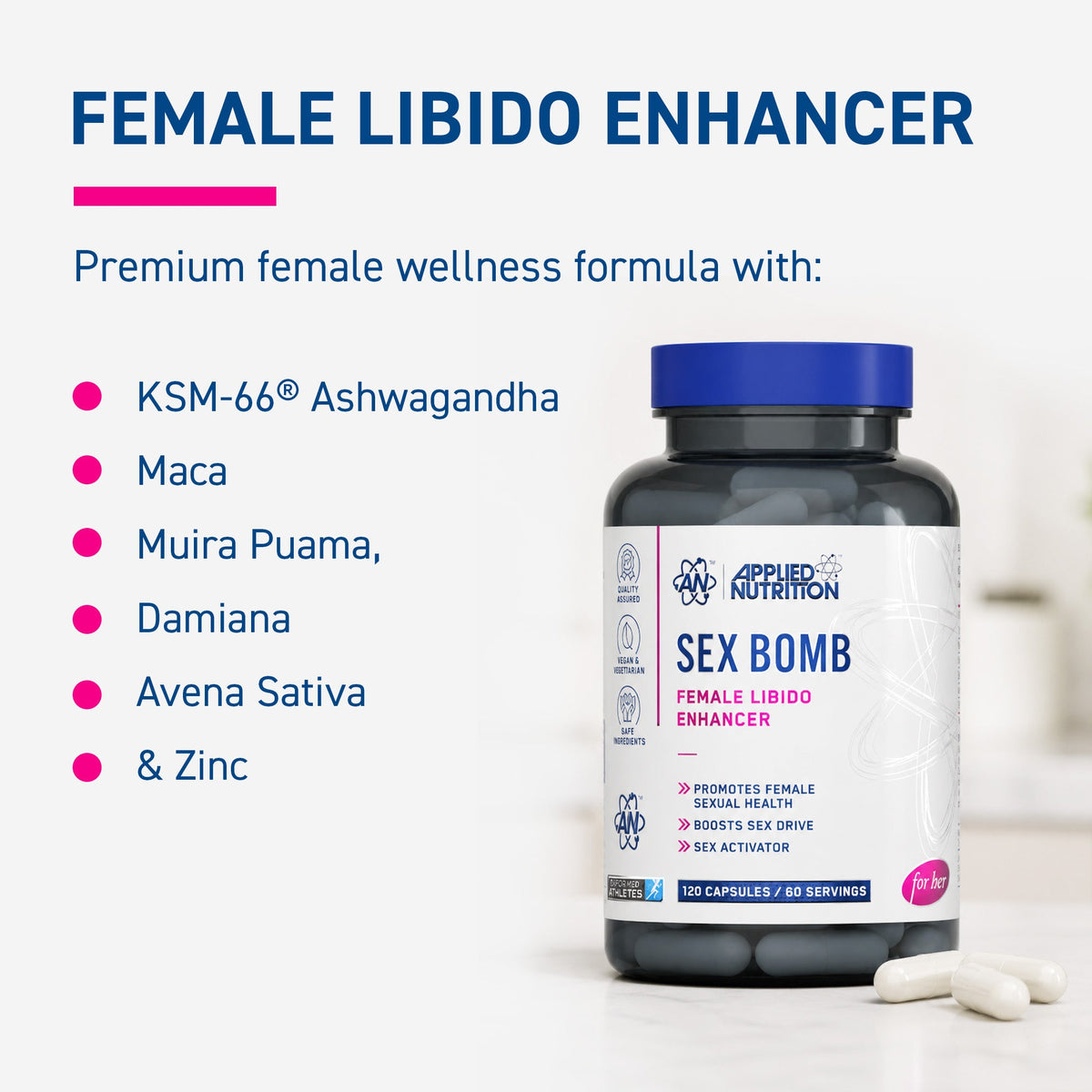 Les plantes de Sex Bomb For Her : ashwagandha KSM-66, maca, muira puama, damiana, avena sativa et zinc