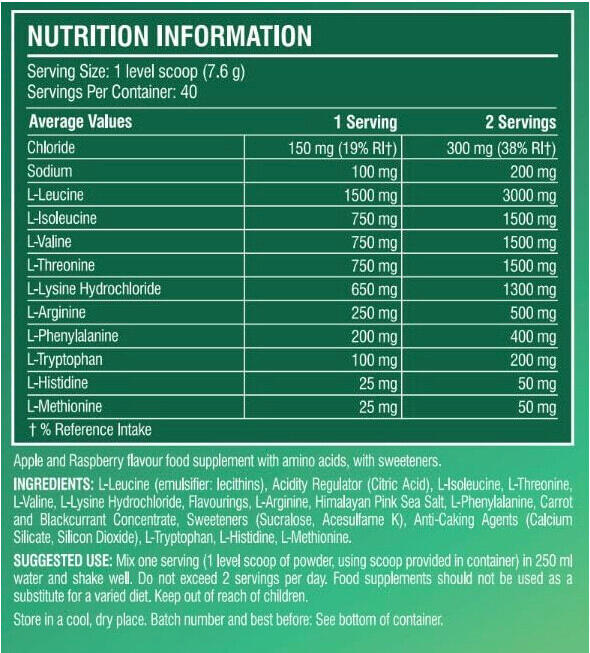 Étiquette Xtend EAA Apple & Raspberry : valeurs par dose, ingrédients et mode d'emploi